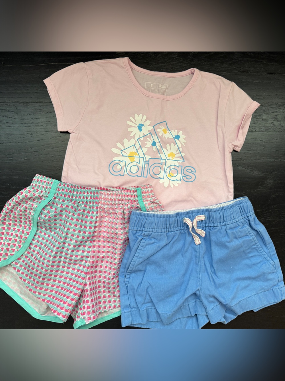 adidas Pink Daisy Logo Tee with Blue and Mint Accent Shorts